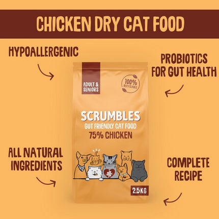 Scrumbles Adult Chicken Dry Cat Food - Gut-Friendly Complete 2.5kg
