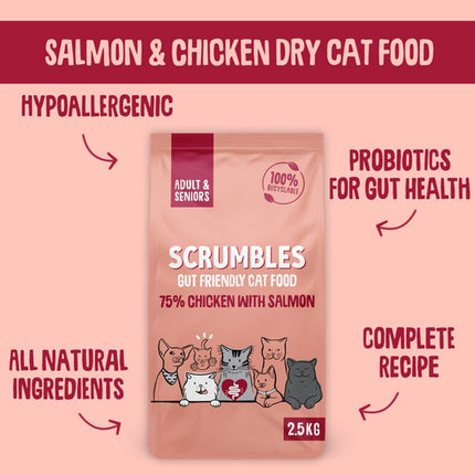Scrumbles Adult Salmon Dry Cat Food 2.5kg Gut-Friendly Probiotics