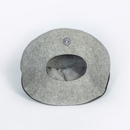 Danish Grey Felt Pebble Cat Bed with Faux Fur Cushion