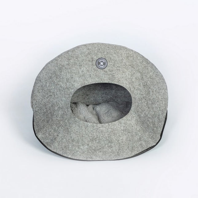 Danish Grey Felt Pebble Cat Bed with Faux Fur Cushion