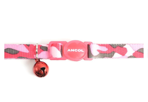 Ancol Camouflage Safety Buckle Cat Collar with Bell Pink
