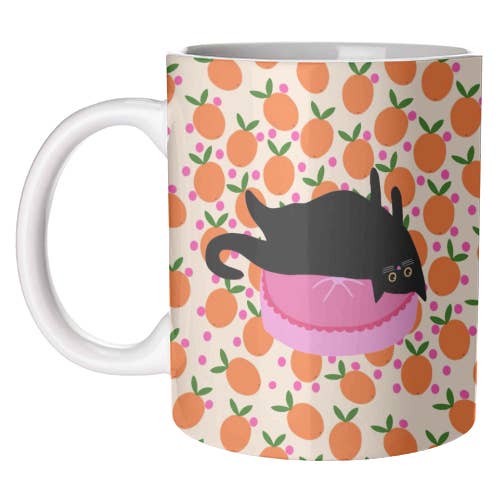 11oz Ceramic Cat and Oranges Wrap-Around Art Mug with Box