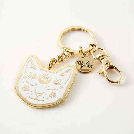 White Cat Face Hard Enamel Keyring Cute Gold Metal Charm