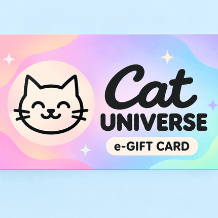 A rectangular Cat Universe e-Gift Card with a pastel rainbow gradient background, featuring a black line-art cat face on the left and the text 'Cat UNIVERSE e-GIFT CARD' on the right, shown against a light blue background.