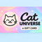 A rectangular Cat Universe e-Gift Card with a pastel rainbow gradient background, featuring a black line-art cat face on the left and the text 'Cat UNIVERSE e-GIFT CARD' on the right, shown against a light blue background.
