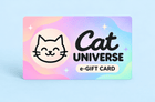 A rectangular Cat Universe e-Gift Card with a pastel rainbow gradient background, featuring a black line-art cat face on the left and the text 'Cat UNIVERSE e-GIFT CARD' on the right, shown against a light blue background.