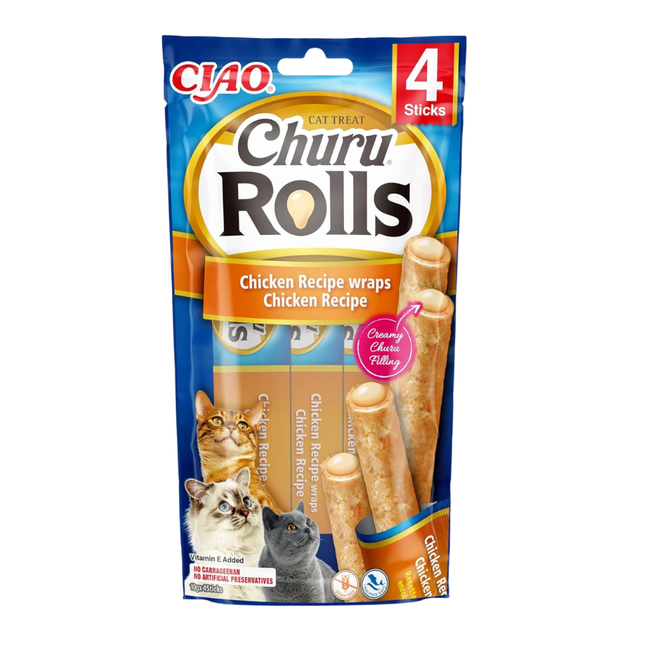 Churu Chicken Rolls 4-Pack Creamy Filled Cat Treats, 4 Sticks