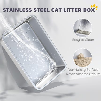 PawHut High-Sided Stainless Steel Cat Litter Box with Scoop