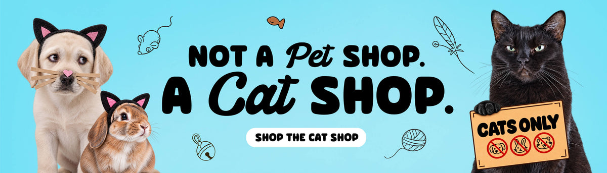 Not a pet shop, a cat shop banner for Cat Universe.  Our shop is proudly for cats only.   Shop cat treats, toys, and enrichment at our cat shop.  