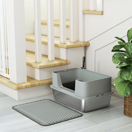 PawHut High-Sided Stainless Steel Cat Litter Box with Scoop