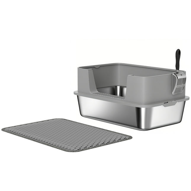 PawHut High-Sided Stainless Steel Cat Litter Box with Scoop