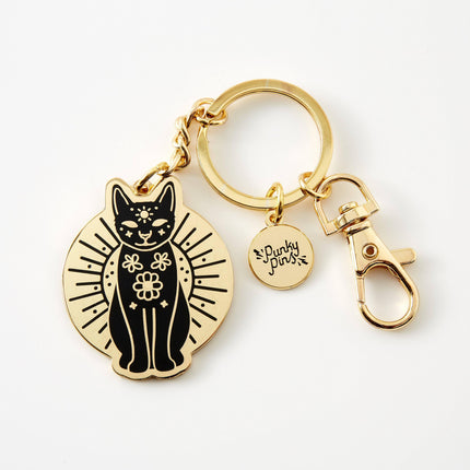 Gold And Black Mystic Cat Hard Enamel Keyring