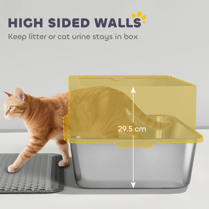 PawHut High-Sided Stainless Steel Cat Litter Box with Scoop