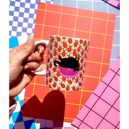 11oz Ceramic Cat and Oranges Wrap-Around Art Mug with Box