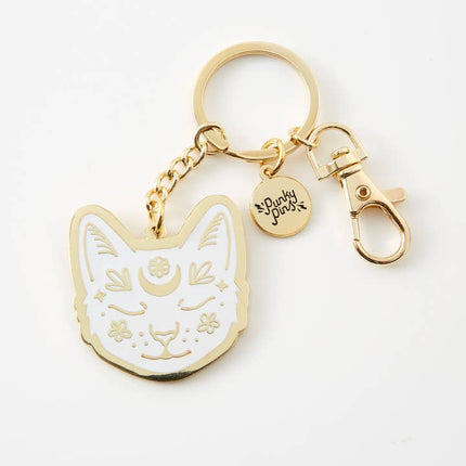 White Cat Face Hard Enamel Keyring Cute Gold Metal Charm